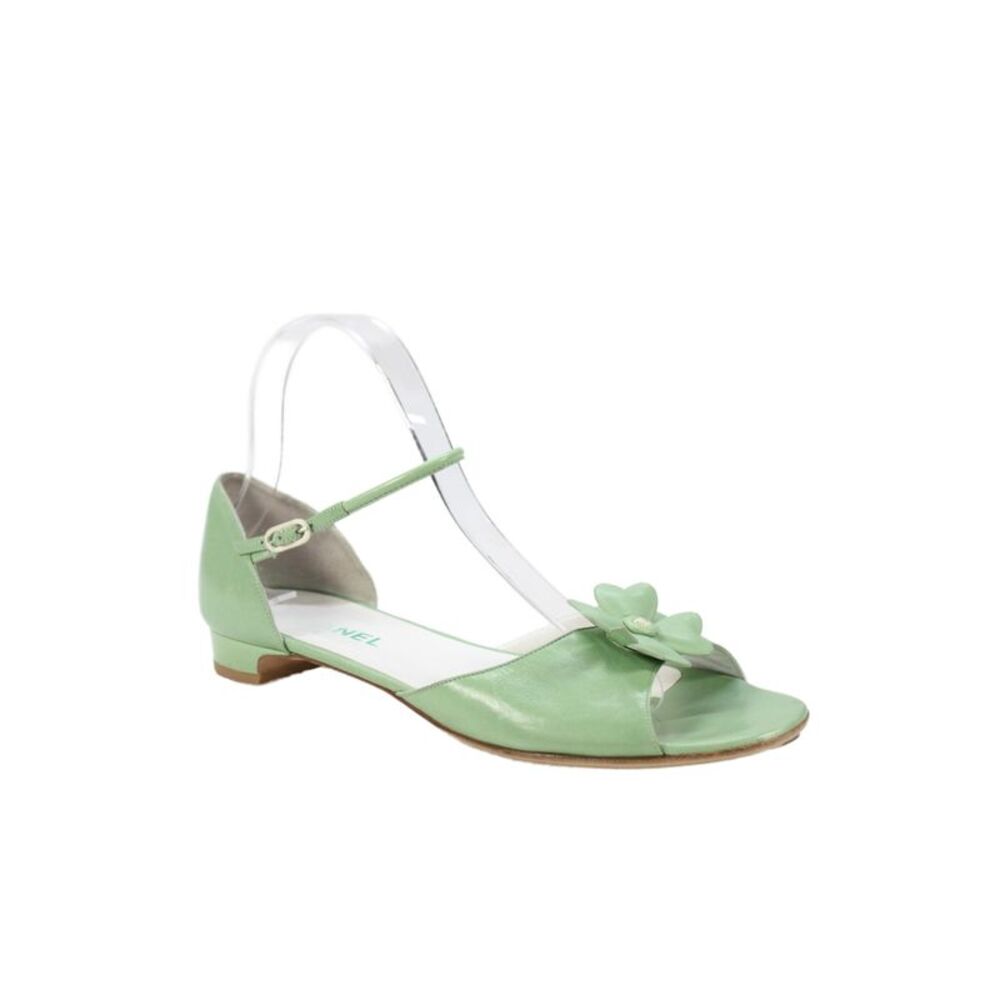 Chanel Womens Leather Floral Open Toe Sandals Green Size 9